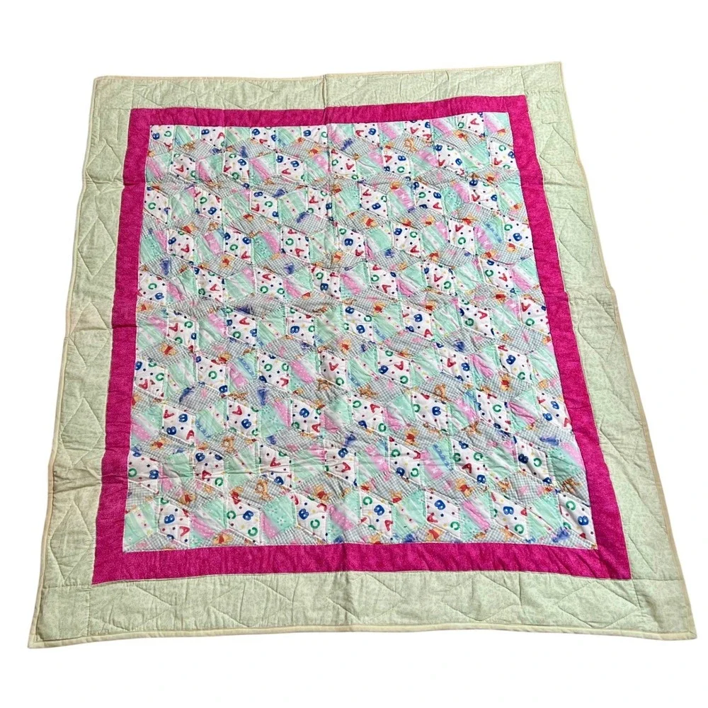 Handmade Winnie the Pooh Tigger Patchwork Baby Quilt Pink Alphabet 55x49 EUC